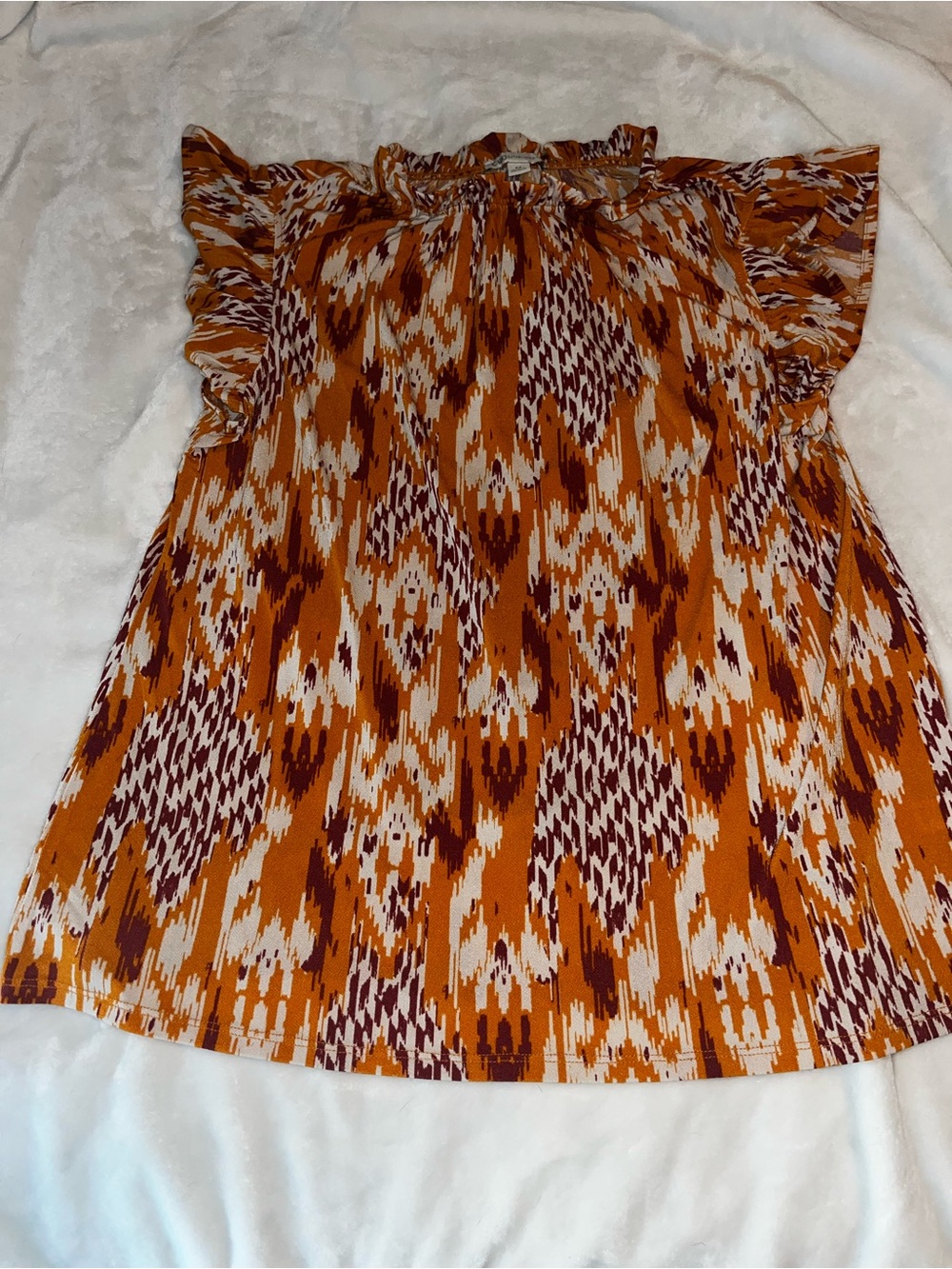 Cato Orange, White & Brown Ikat Ruffle-Sleeve Blouse